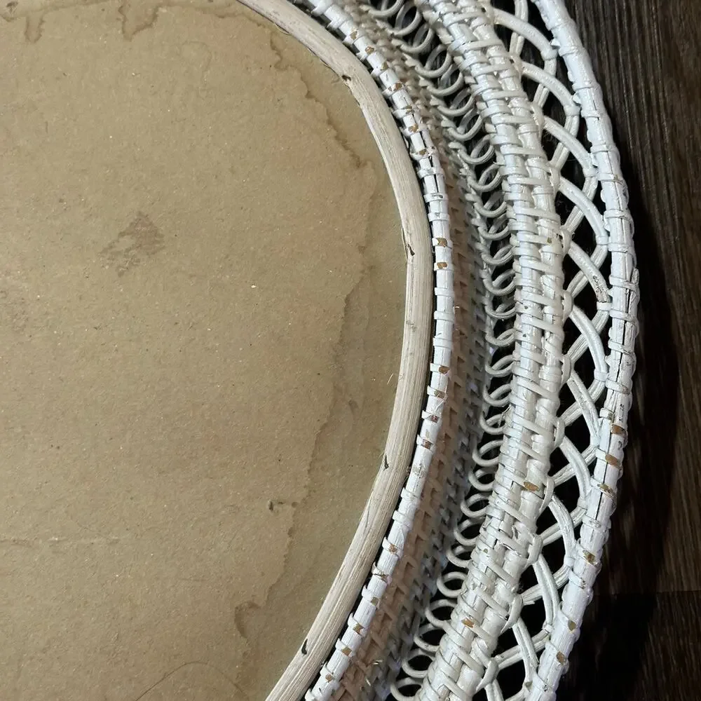 Vtg Open Weave Heart Shaped White Wicker Wall Mirror Boho Shabby Chic 18X19